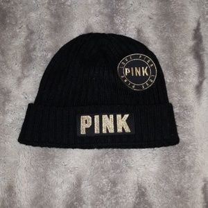PINK VS Black Beanie with Gold Accents